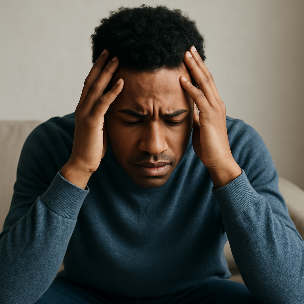 Frustrated man holding his head, showing signs of emotional and mental stress.