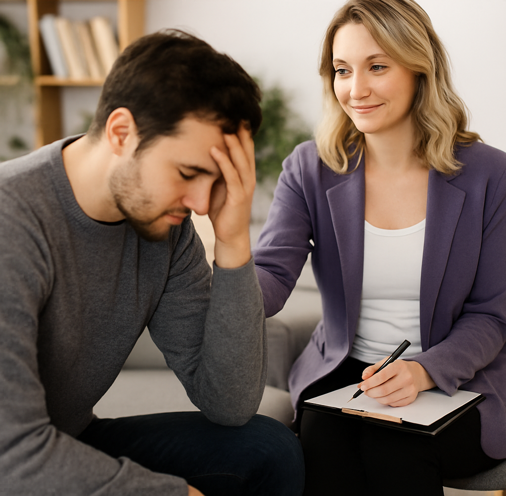 A real-life therapy session where a compassionate therapist attentively listens to a young woman, conveying support and understanding.